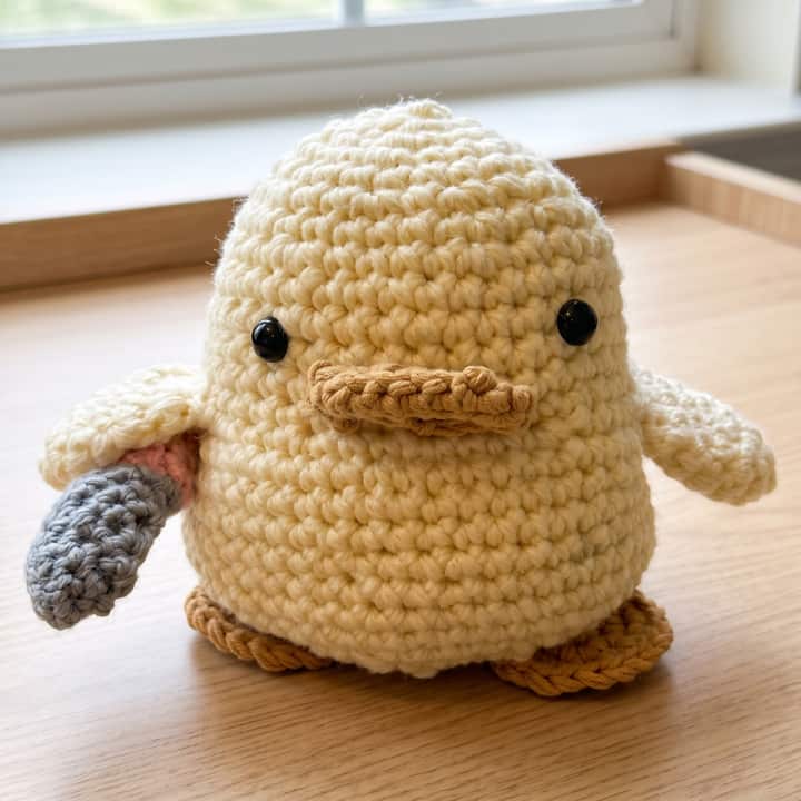 The same crochet duck rendered on a wooden desk by a window